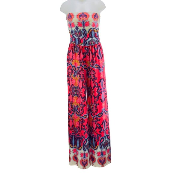 KARLIE Women's Paisley Bustier Jumpsuit Coral & Multicolor Polyester Size Large - Picture 1 of 14